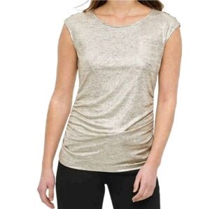 New Calvin Klein Women's Ruched Cap Sleeve Blouse With Button Accent Gold Dust